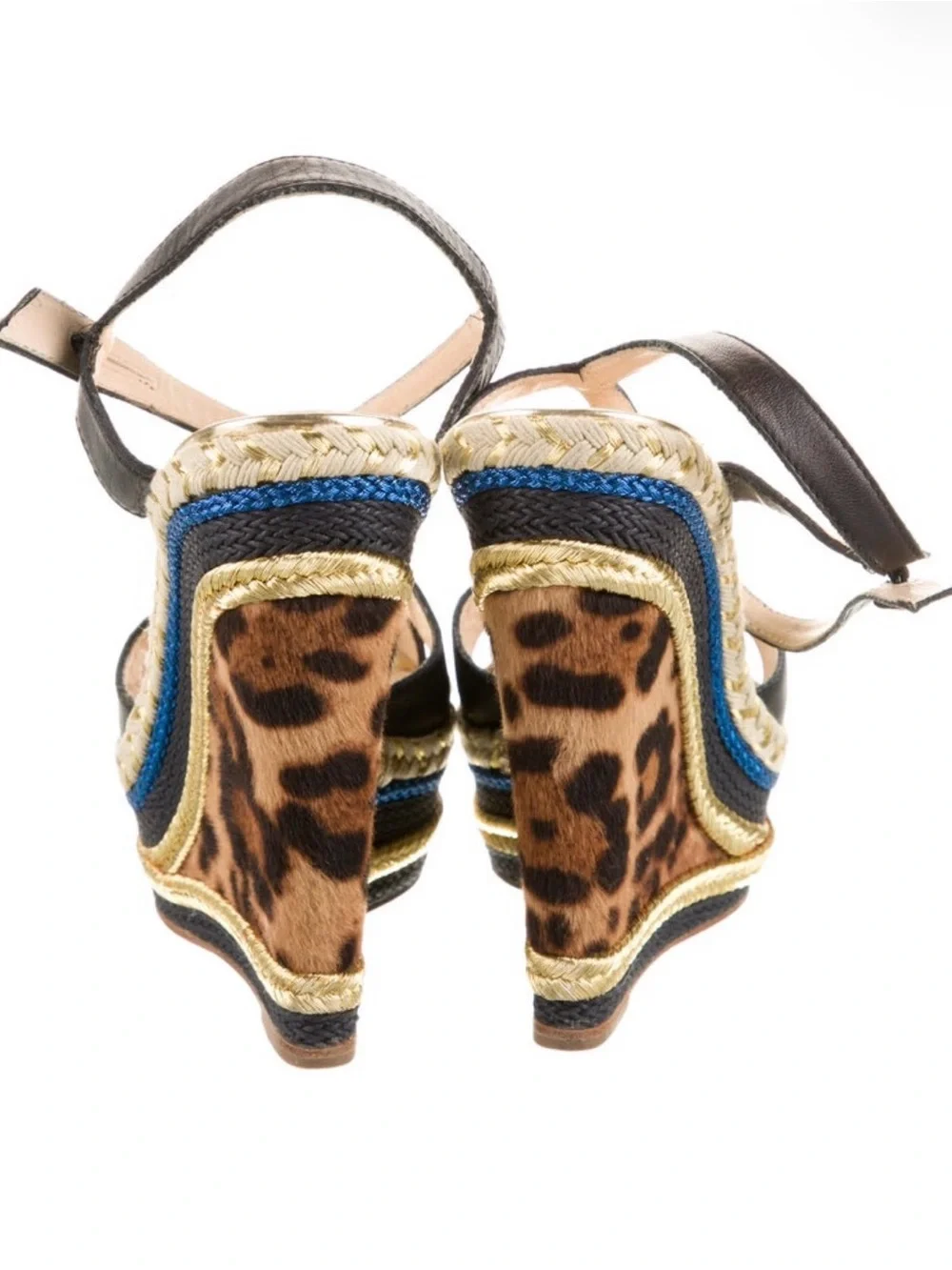 Christian Louboutin Black Leather Platform Sandals with Multicolor Braided Trim